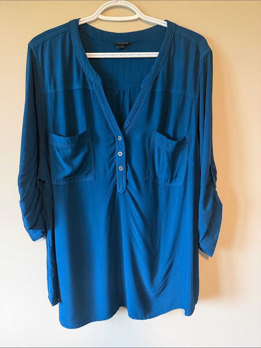 Torrid Blue Henley Roll-Tab Sleeve Blouse Size 3X